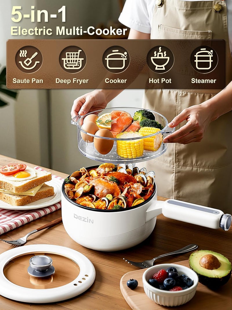 DEZIN Electric pot with Steamer, 2L Non-Stick Sauté Pan, 5-in-1 Multifunctional Hot Pot Electric for Steak, Fried Rice, Oatmeal, Soup, Dual Power Control, Portable Pot for Dorm, Office & Small Kitchen - Image 2